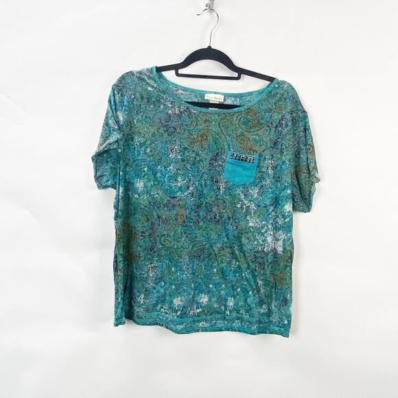 Tru Self 2X Plus Womens Teal Blue Boho Print Pocket Sheer Burnout Tee Shirt - Picture 1 of 5